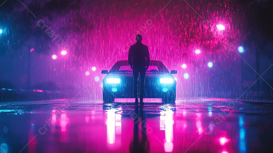 Homem carro esporte neon rosa azul noite chuvosa