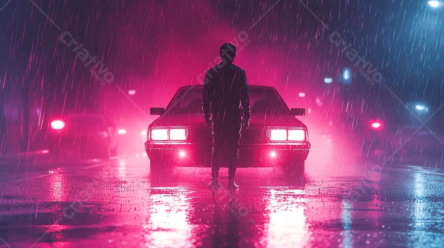 Homem em frente a carro retrô na rua chuvosa com luzes neon rosa e azul