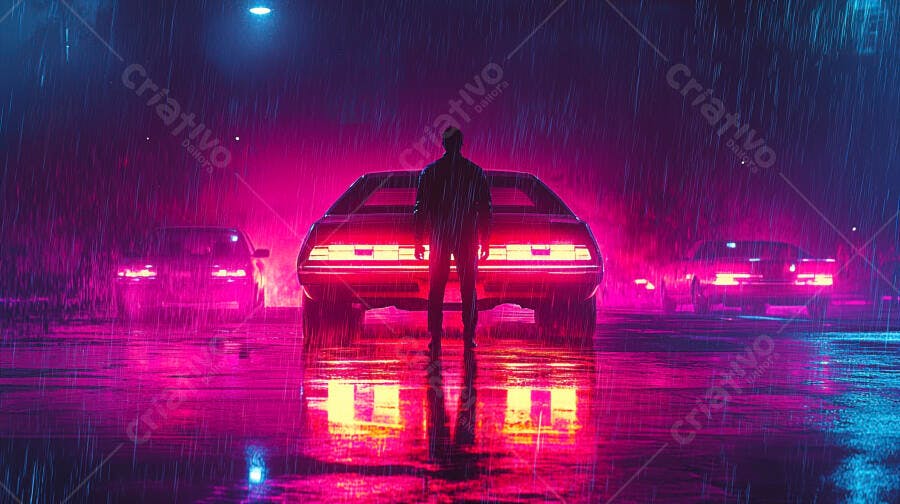 Homem em pé na chuva noturna com carro esportivo neon rosa e azul