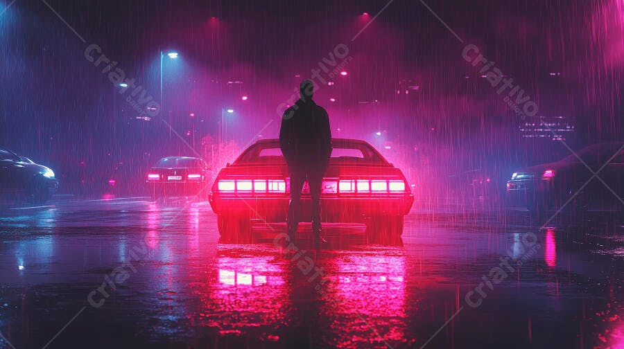 Silhueta de pessoa em frente a carro clássico na chuva neon noturna