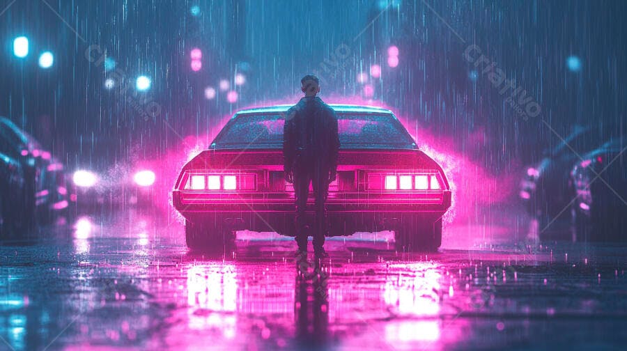 Homem em jaqueta preta com carro esportivo rosa sob chuva noturna neon