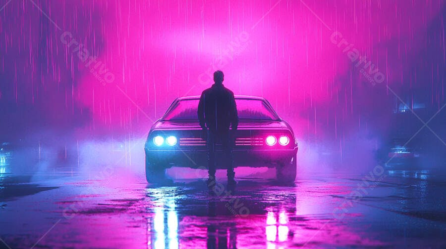 Homem na chuva neon em frente a carro retrô-futurista à noite