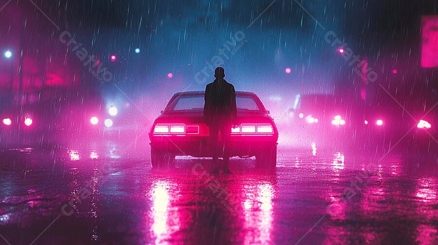 Homem de casaco em carro esportivo sob chuva neon na cidade à noite