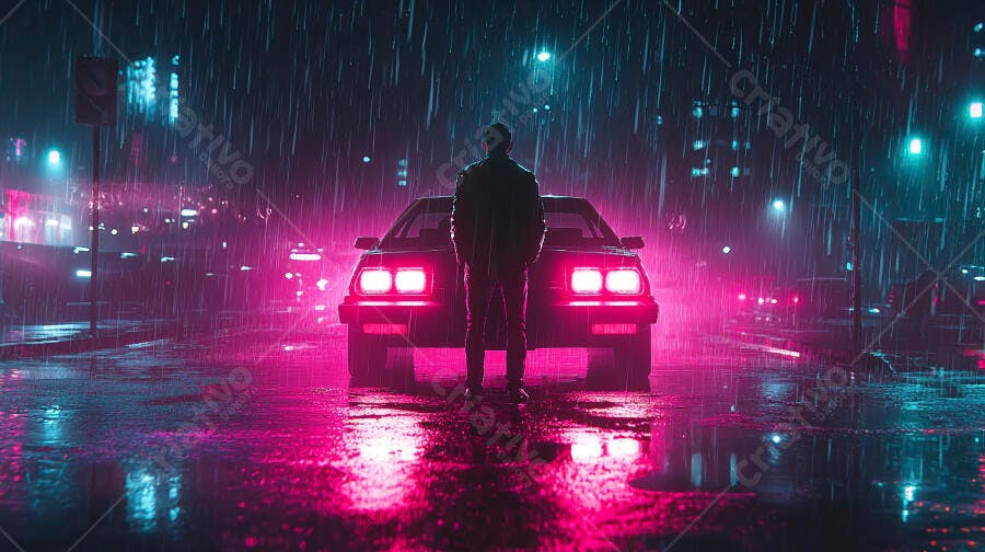 Homem em frente a carro esportivo neon na chuva noturna da cidade