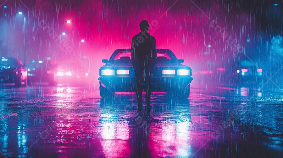 Pessoa em silhueta e carro clássico na rua chuvosa com luzes neon