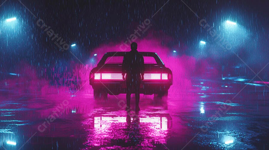 Homem e carro clássico em rua chuvosa neon rosa e azul noturno