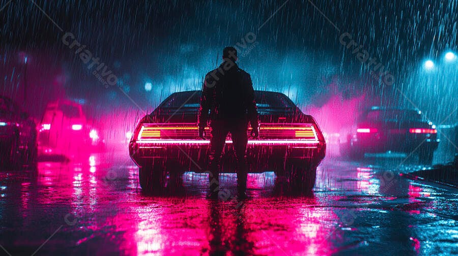 Homem misterioso em frente a carro esportivo neon na chuva noturna