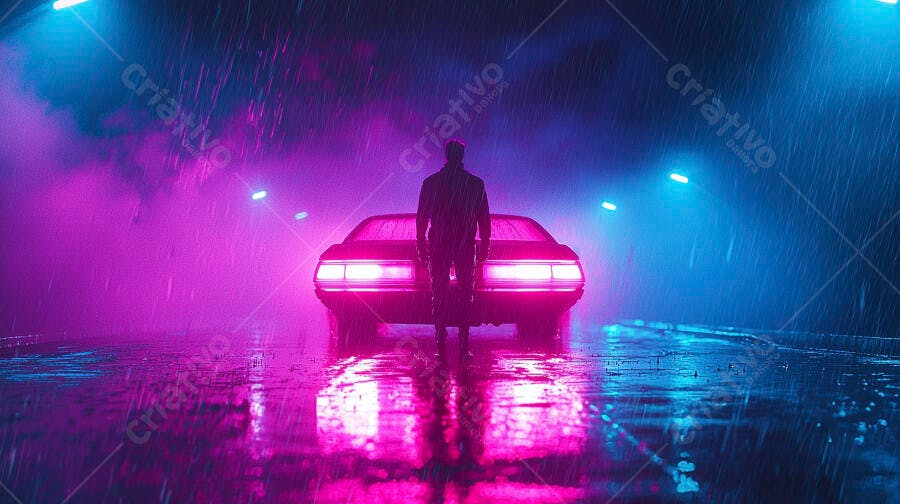 Homem misterioso em frente a carro esportivo neon sob chuva noturna