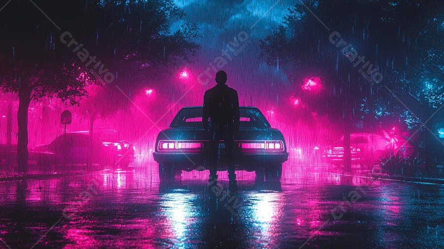 Homem em silhueta e carro clássico na chuva neon à noite
