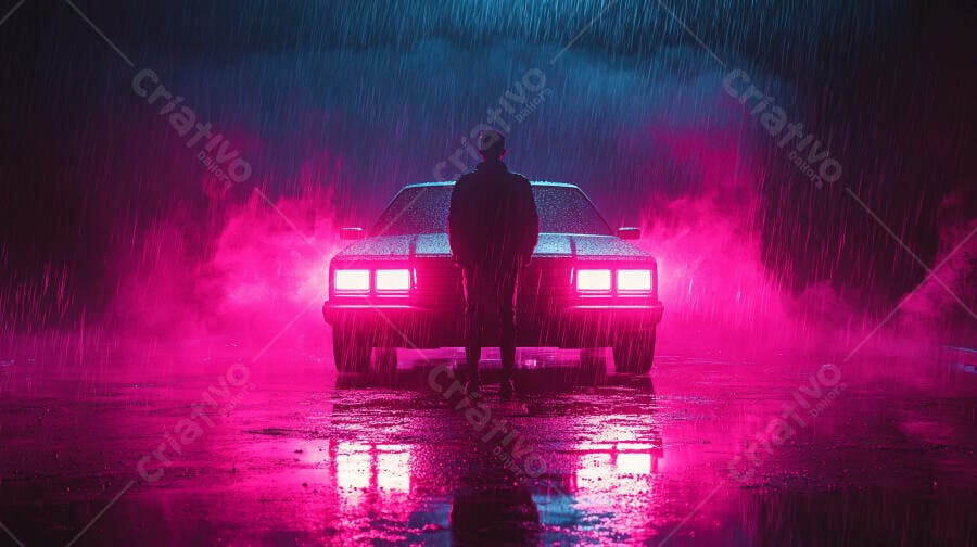 Homem em frente a carro vintage sob chuva neon rosa e azul noturna