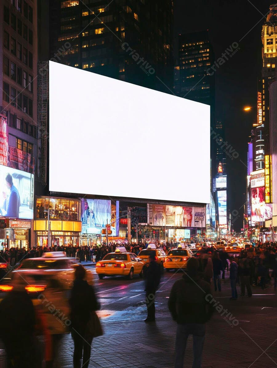 Grande outdoor em branco na Times Square à noite com táxis amarelos e multidão
