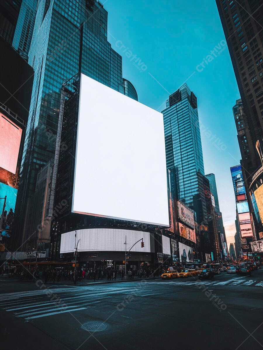Centro urbano moderno com tela gigante em Times Square ao entardecer