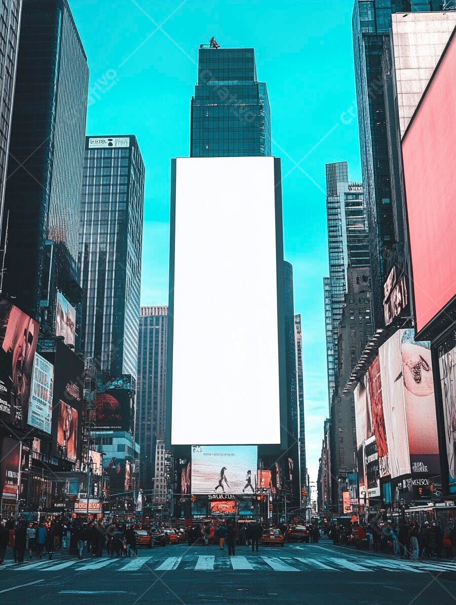 Times Square Nova York letreiro digital vazio pessoas e táxis azuis em dia vibrante