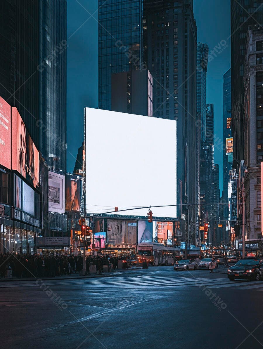 Outdoor digital em branco no centro de Nova York com arranha-céus e tráfego noturno