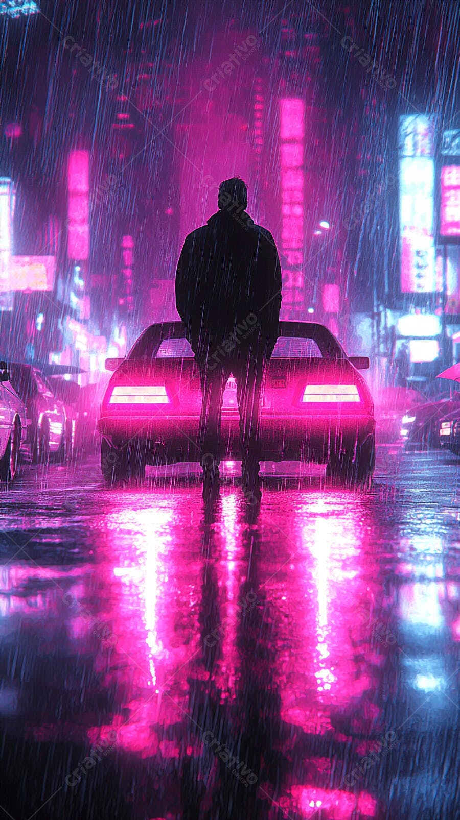 Homem em silhueta na chuva rosa e roxa com carro neon em cidade cyberpunk