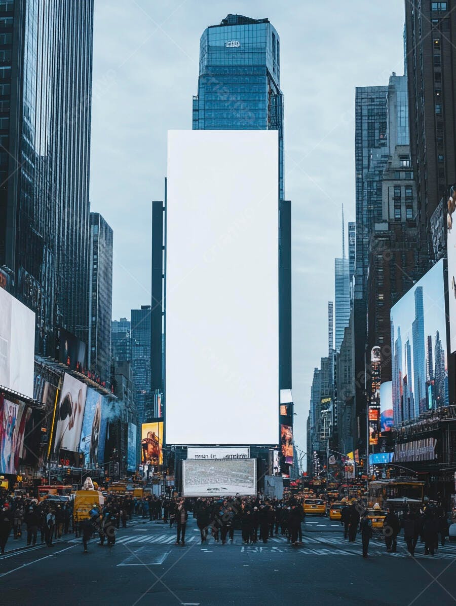 Letreiro gigante branco em Times Square Nova York dia nublado