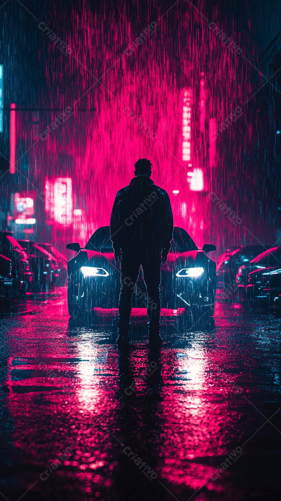 Homem em rua chuvosa noturna com luzes neon vibrantes e carros