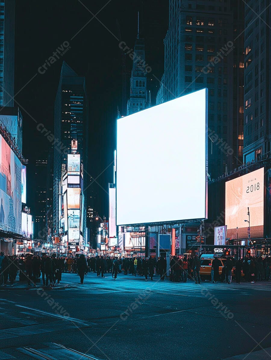 Times Square noturna com outdoor gigante luminoso e pessoas 2018