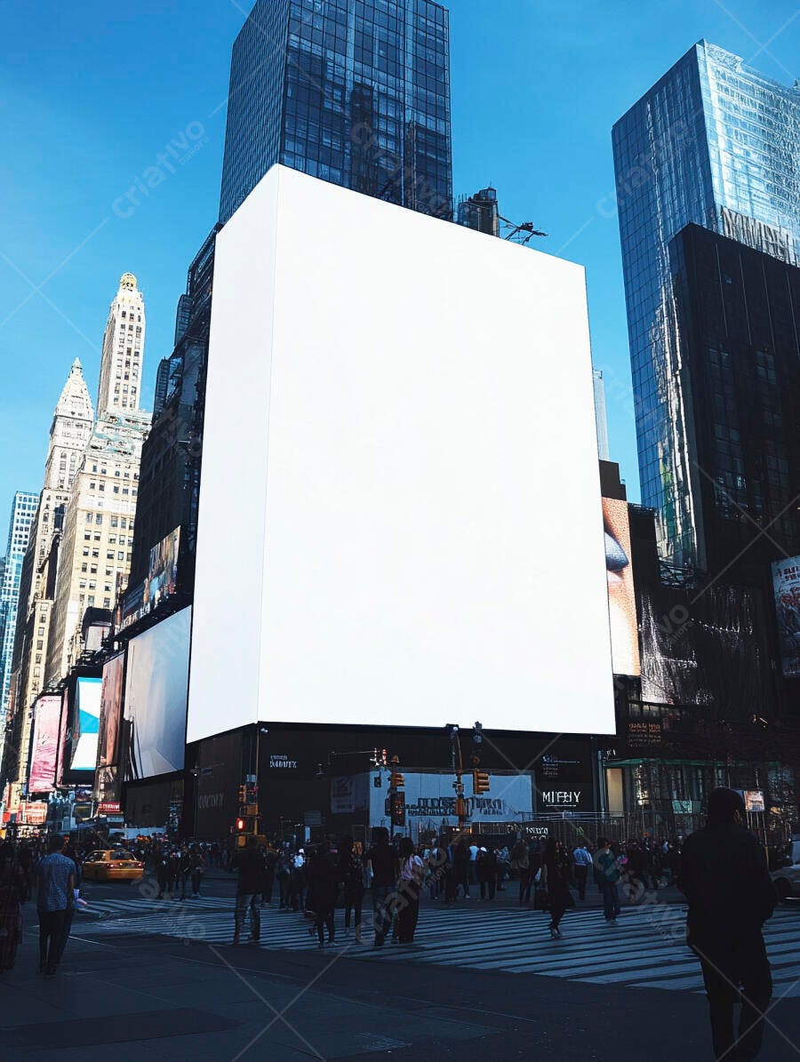 Outdoor branco gigante em rua movimentada de Nova York com arranha-céus ao fundo