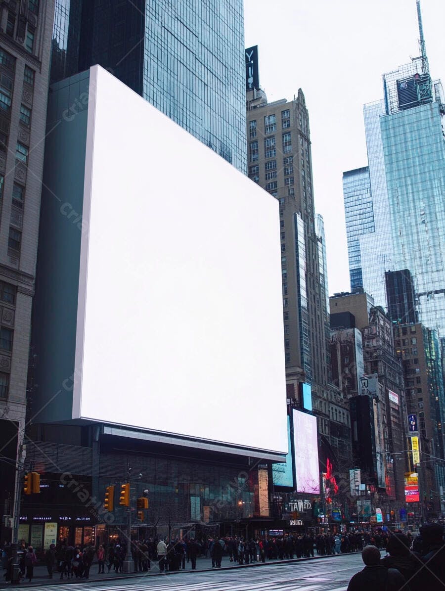 Painel digital branco em edifício de cidade movimentada com pedestres