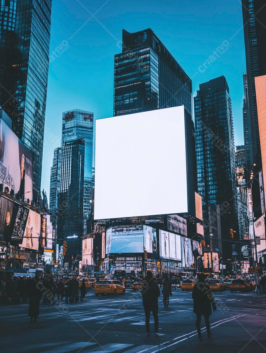 Times Square movimentada a noite com táxis amarelos e telão branco