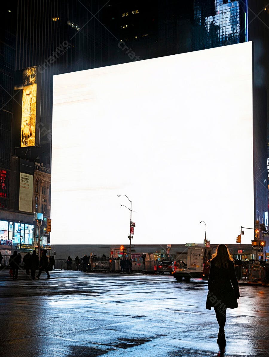 Outdoor digital branco gigante em rua molhada de cidade movimentada à noite com mulher silhueta