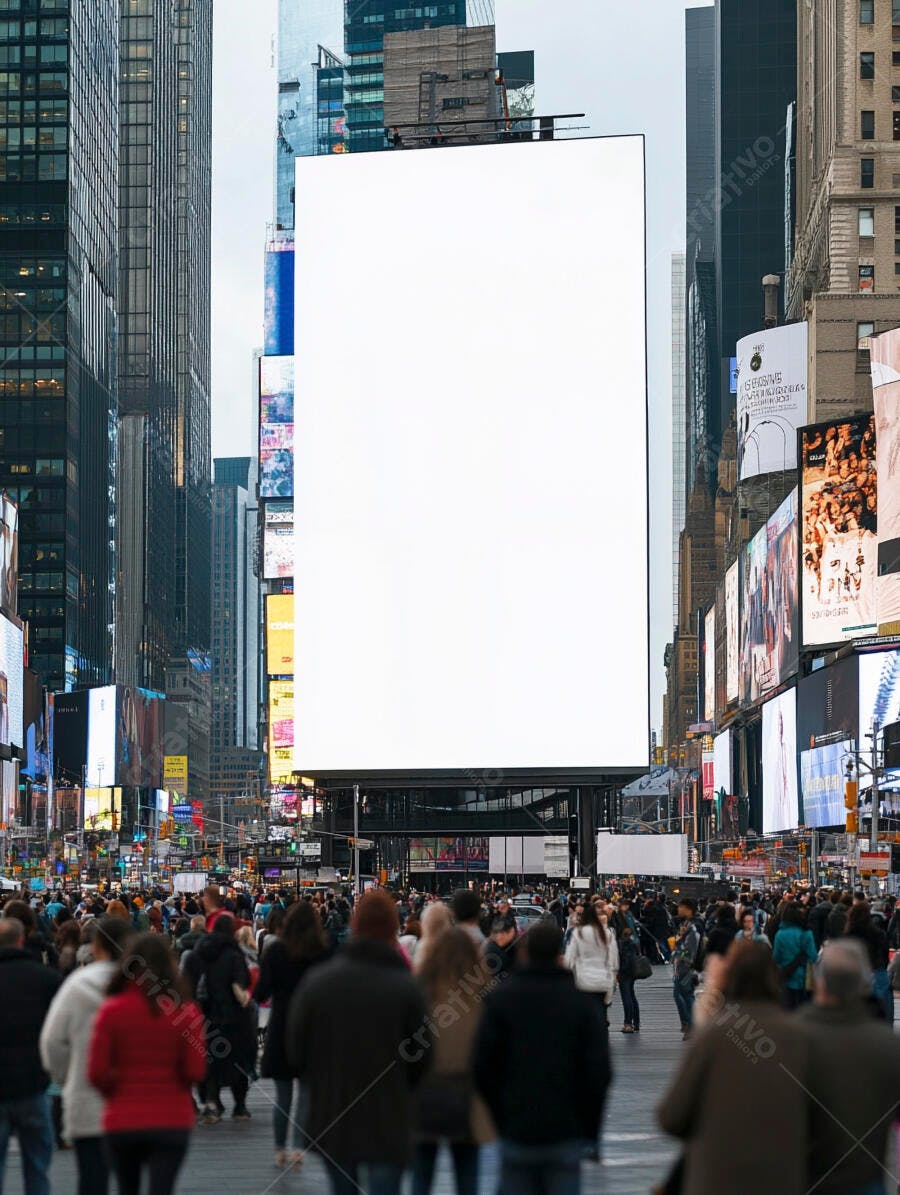 Outdoor digital branco em praça urbana movimentada com multidão