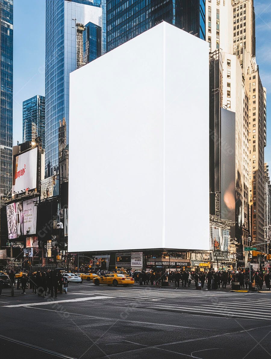 Outdoor publicitário branco em Times Square com prédios e táxis amarelos