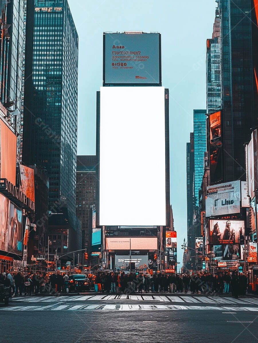 Times Square Nova York com outdoor digital branco e multidão urbana