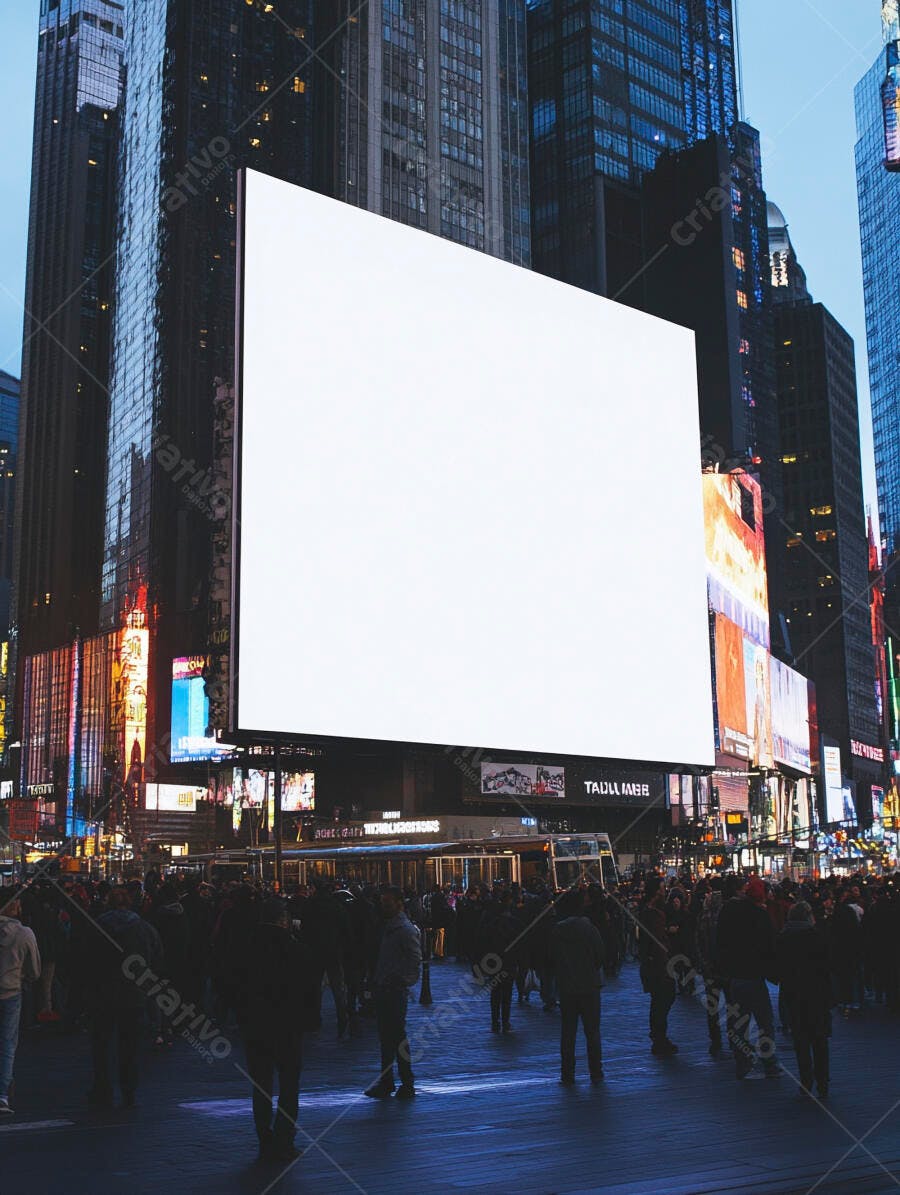 Painel digital branco em Times Square com multidão na cidade à noite
