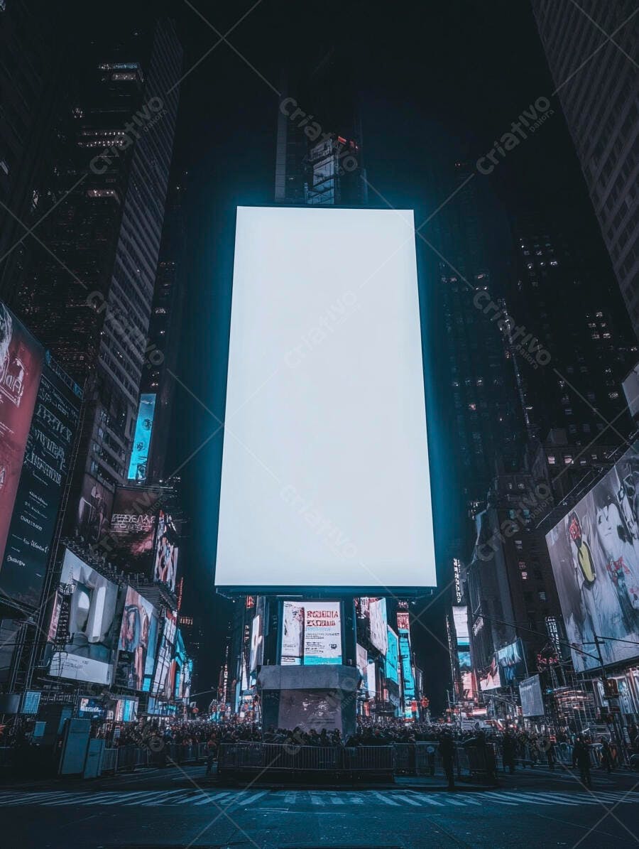 Painel de publicidade digital branco em praça urbana noturna