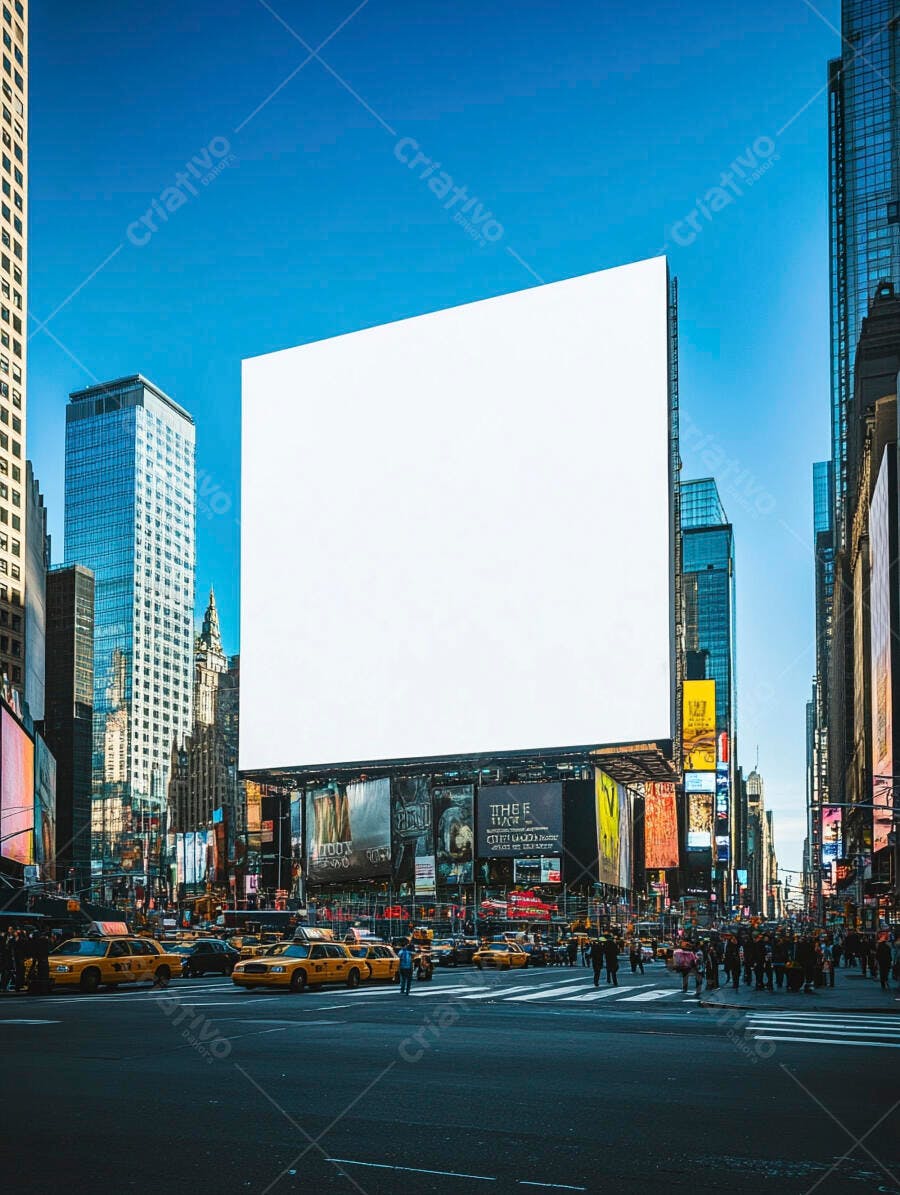 Painel publicitário vazio em Times Square com táxis e edifícios altos