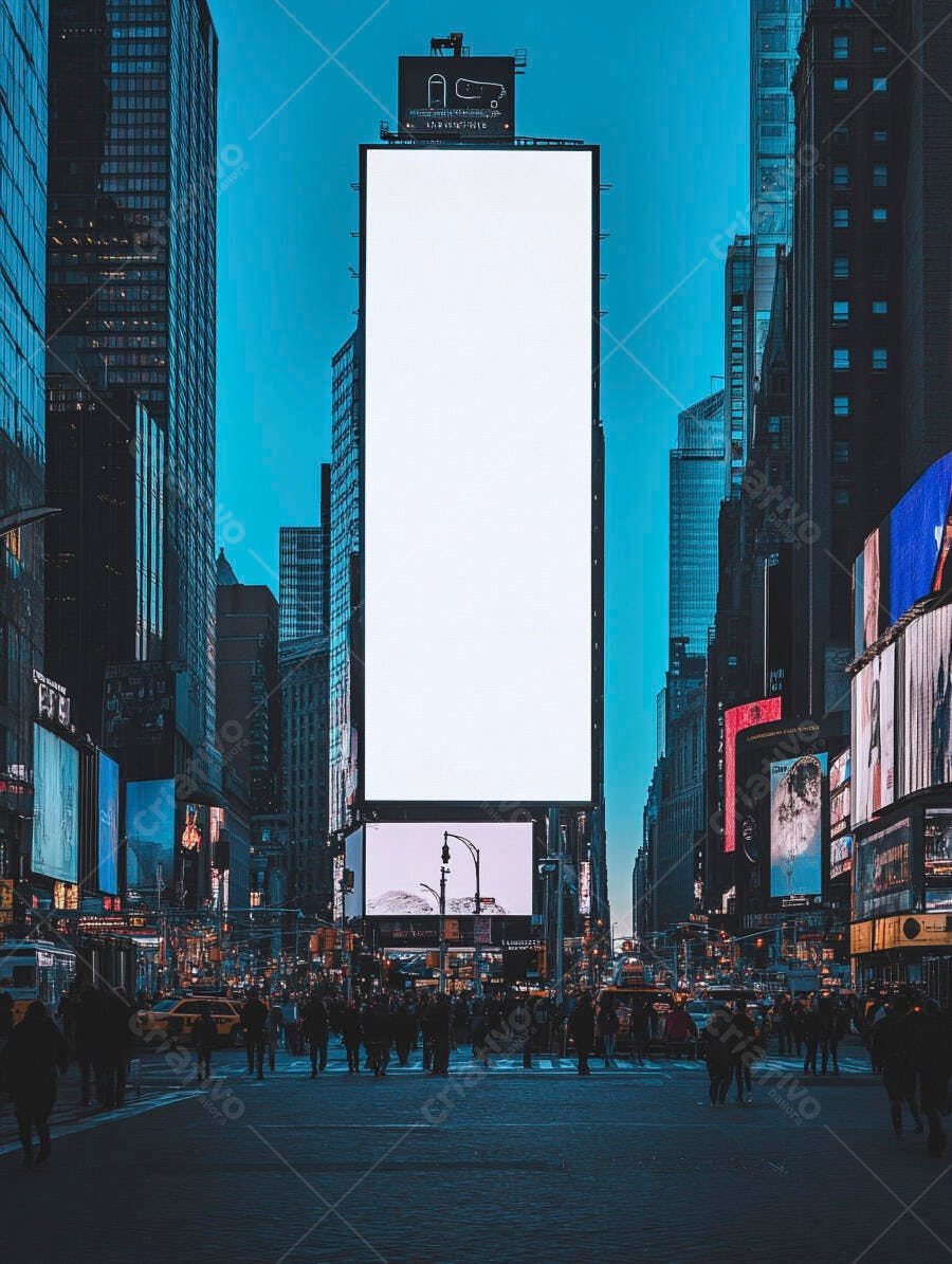 Painel digital branco iluminado na Times Square ao anoitecer