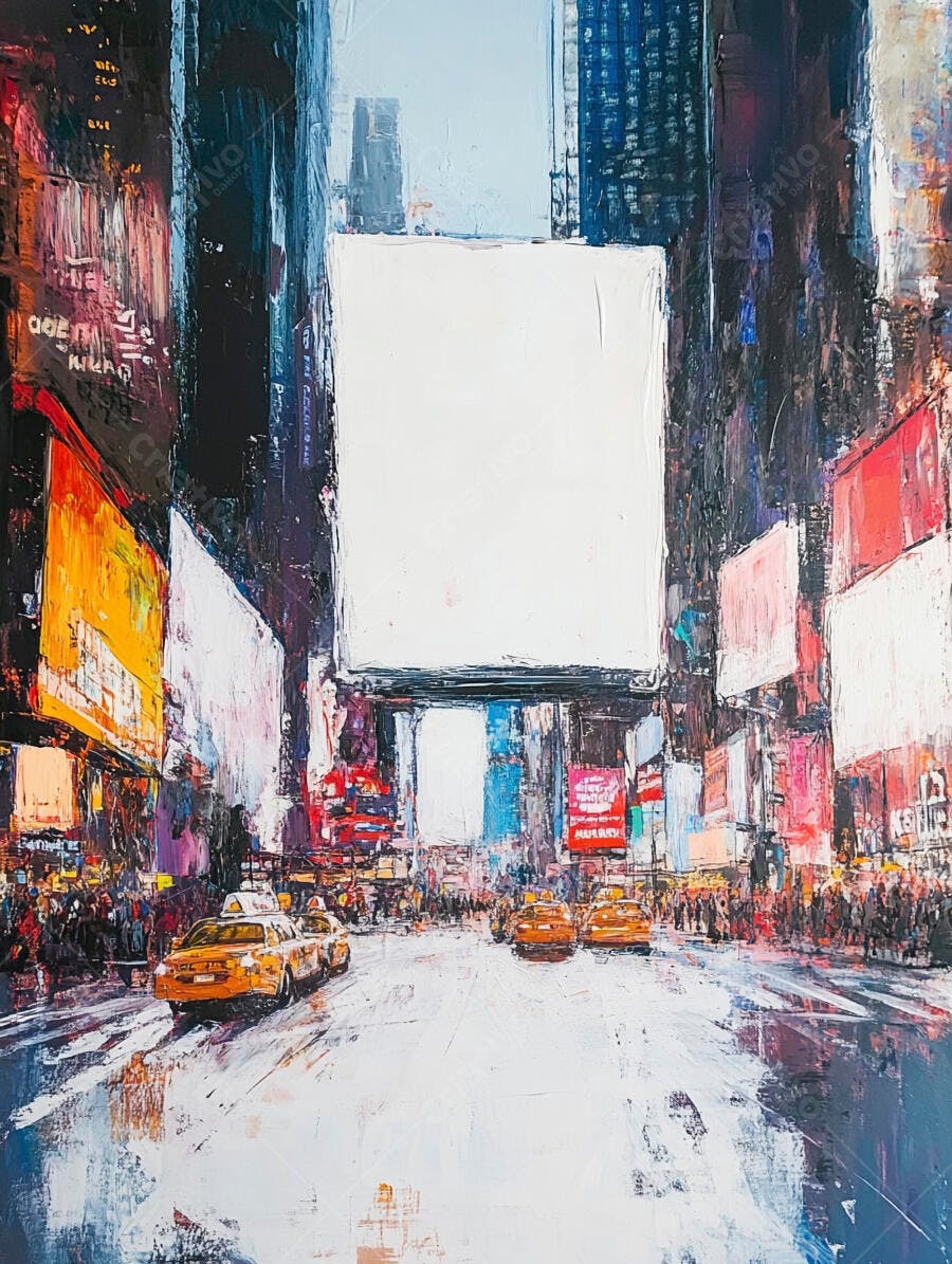 Rua movimentada de Nova York com táxis amarelos e grandes painéis coloridos estilo pintura