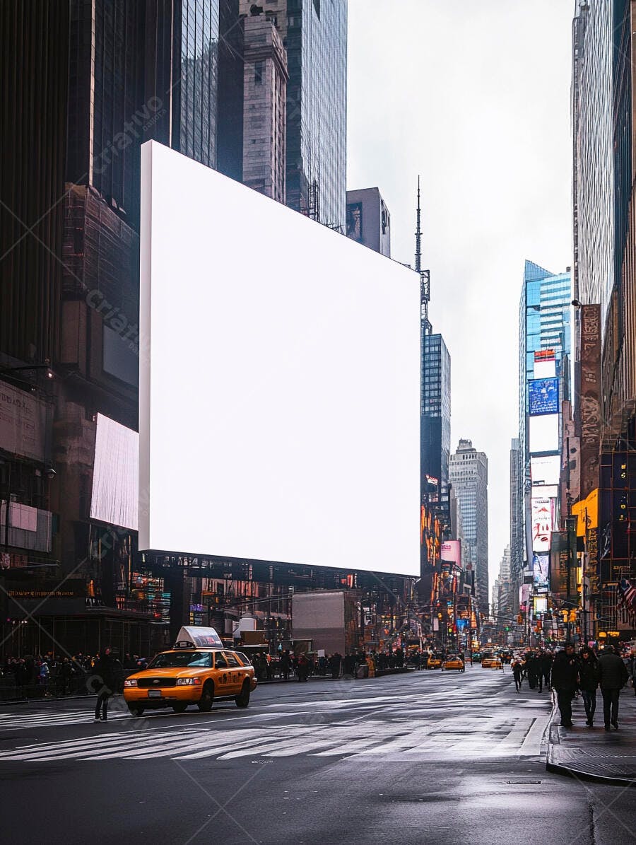Outdoor publicitário branco em Times Square movimentada com táxis e arranha-céus
