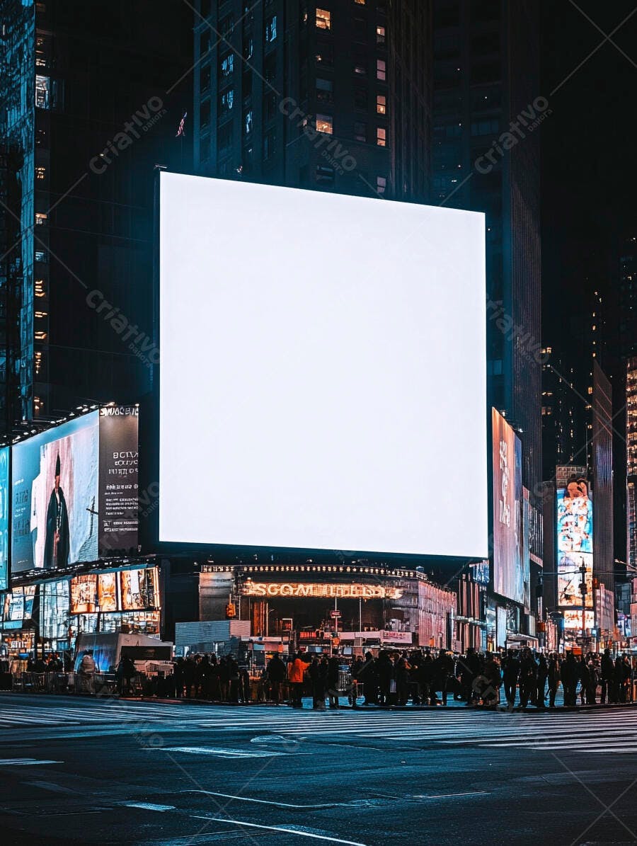 Grande tela digital em branco na cidade à noite com multidão urbana