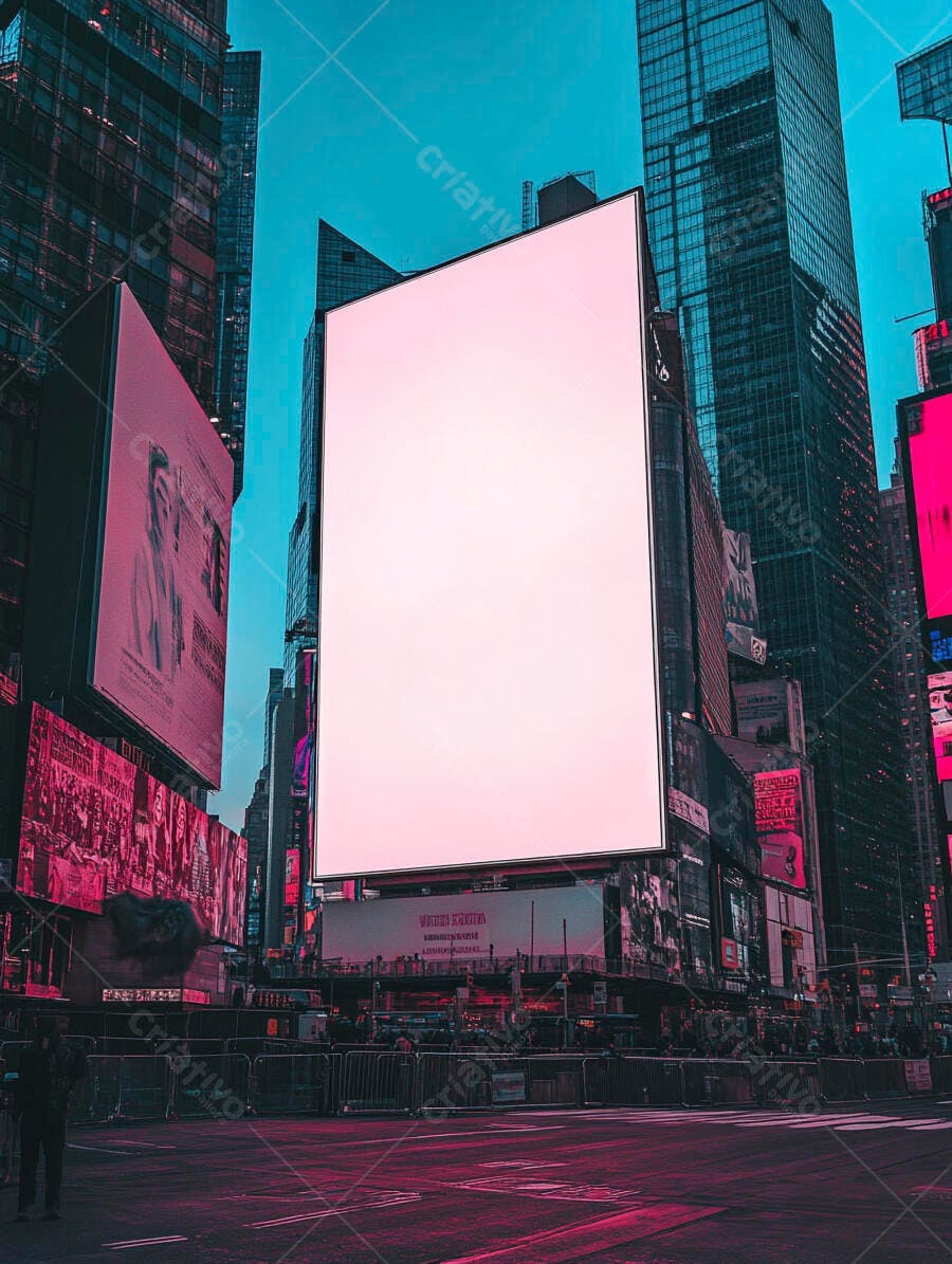 Outdoor digital em branco na Times Square com luzes neon rosa e ciano