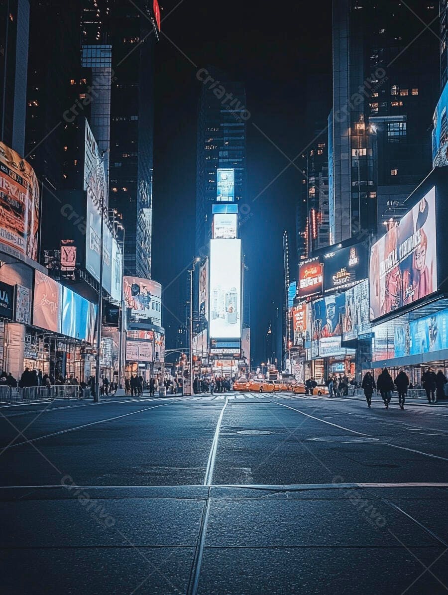 Times Square Nova York a noite com letreiros luminosos e movimentacao urbana