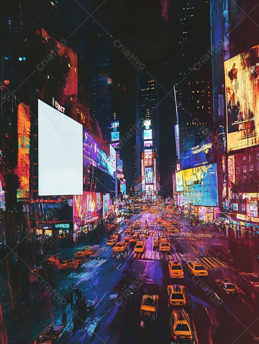 Metrópole noturna vibrante com táxis amarelos e letreiros neon coloridos