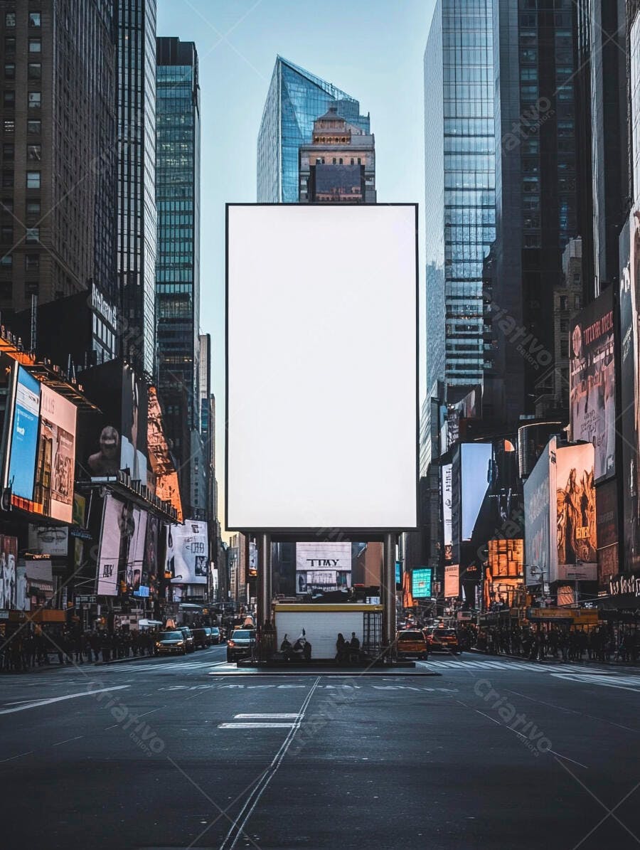 Outdoor digital em branco em avenida urbana de Nova York com arranha-céus altos