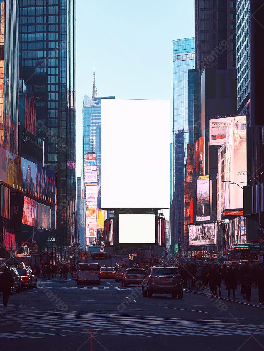 Times Square Nova York com prédios, outdoors digitais brancos, carros e pedestres