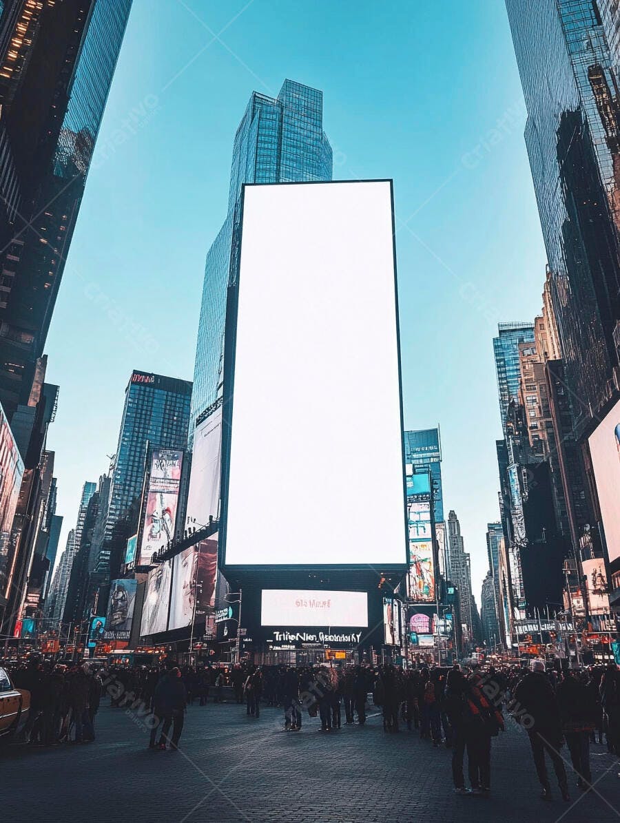 Times Square Nova York painel digital branco vazio multidão arranha-céus céu azul