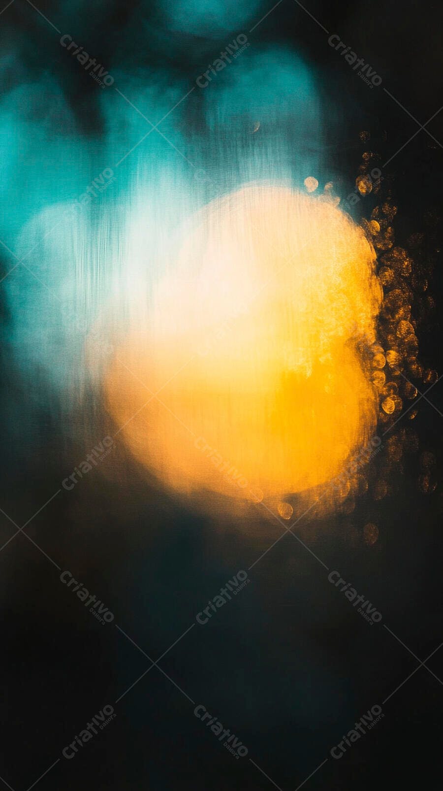 Luzes bokeh vibrantes laranja e azul esverdeado sobre fundo escuro