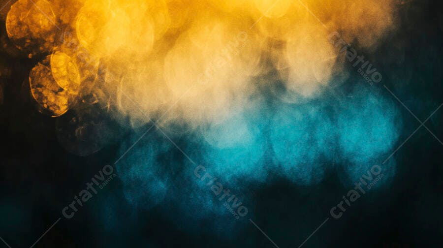 Efeito bokeh abstrato com luzes douradas e ciano em fundo escuro