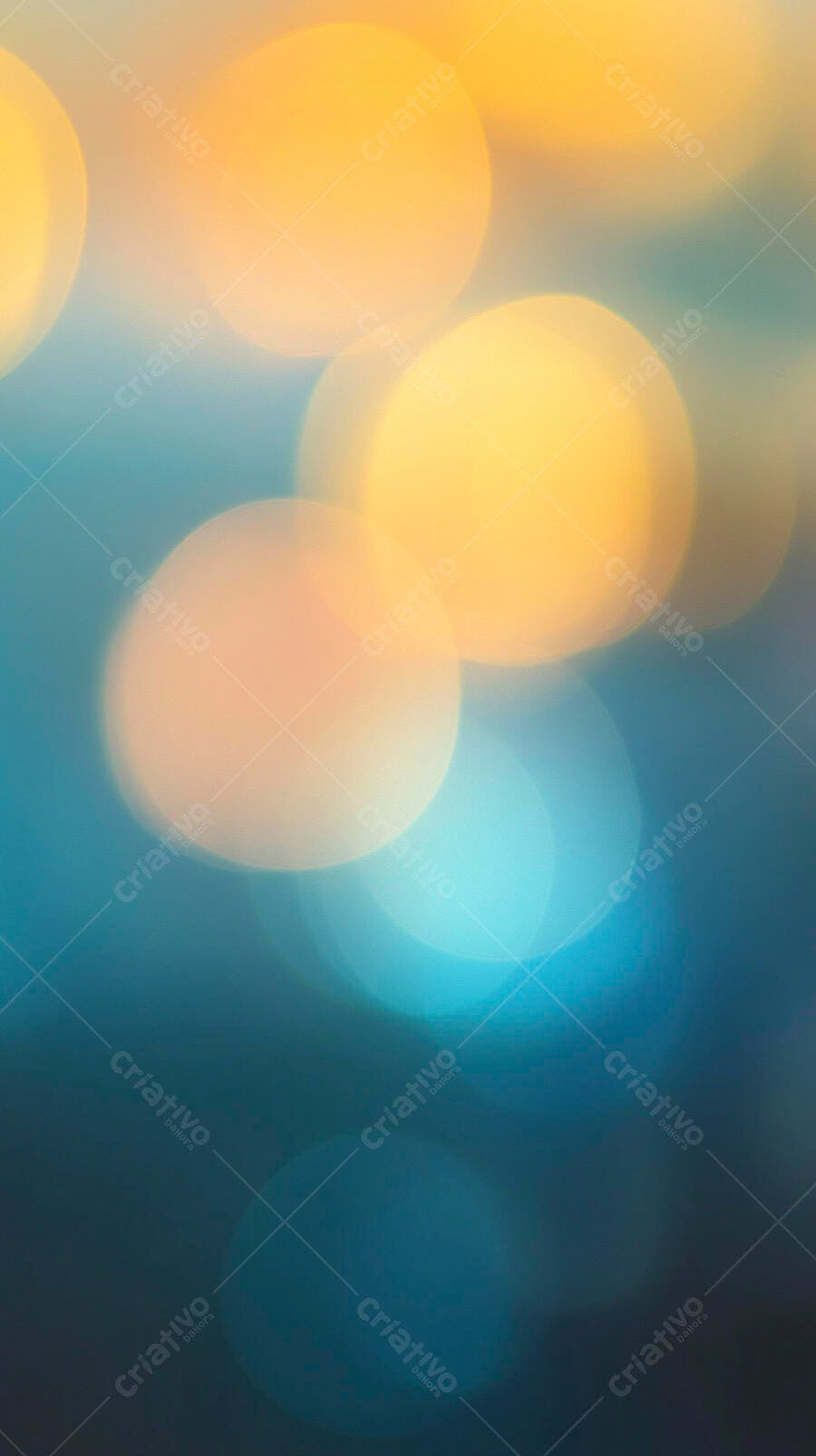 Bokeh vibrante com luzes amarelas, laranjas e azuis em fundo difuso