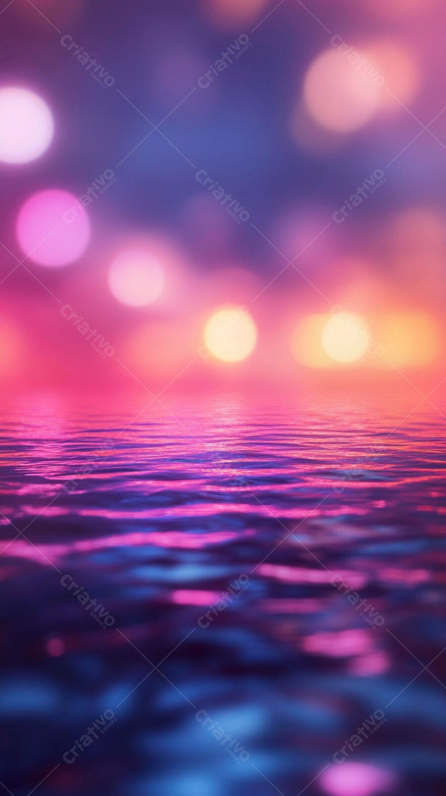 Reflexos de luzes bokeh coloridas na superfície da água ao entardecer