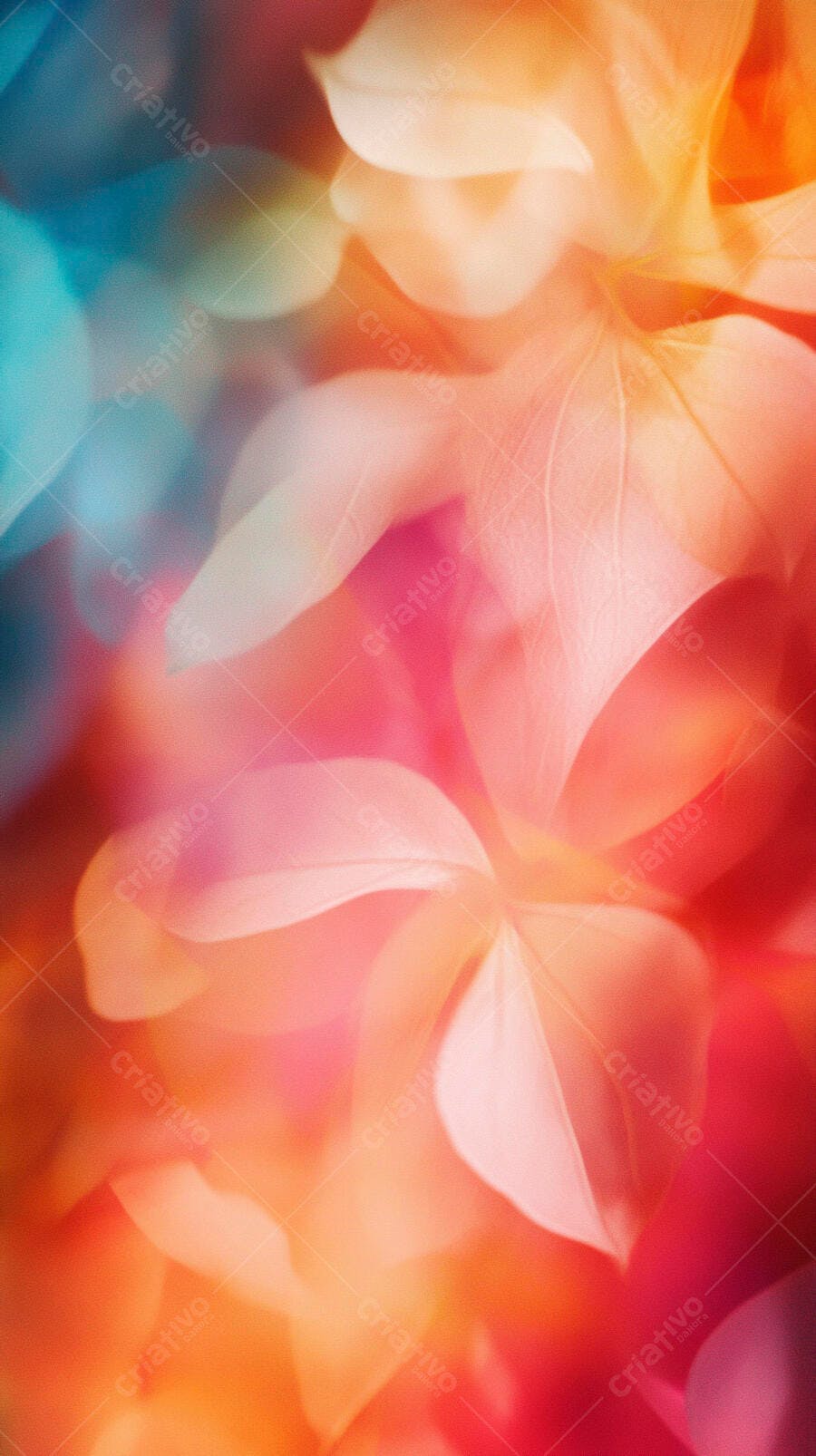 Fundo abstrato bokeh com folhas suaves em tons vibrantes de laranja rosa e azul
