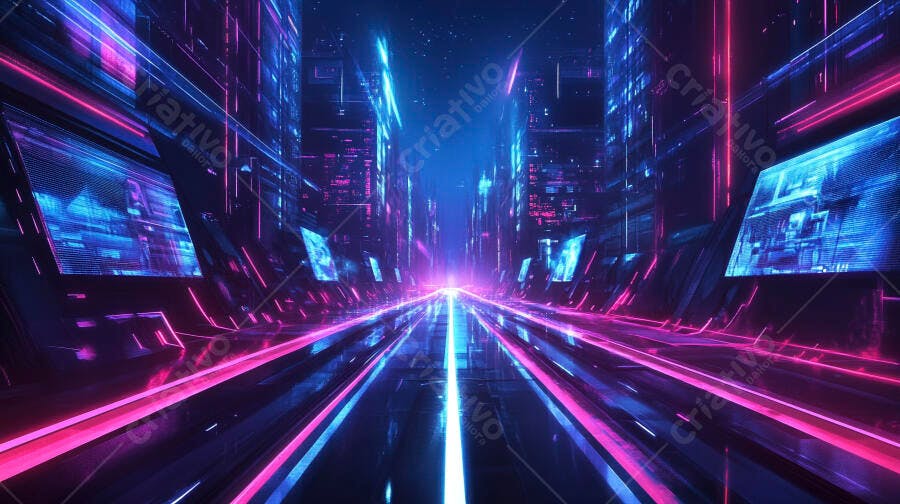 Rua futurista com luzes neon azul e rosa em cidade cyberpunk