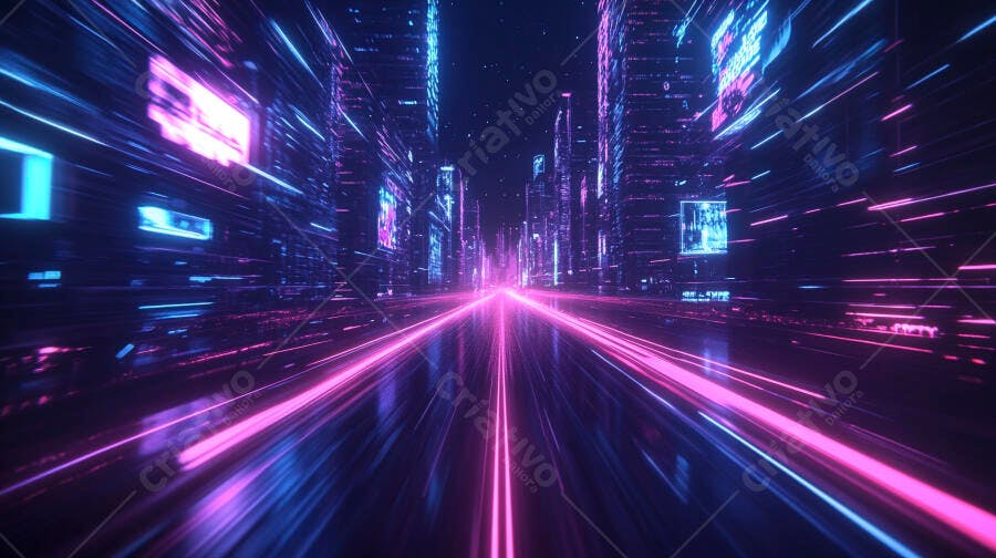 Autoestrada digital futurista com luzes neon rosa e azul em alta velocidade