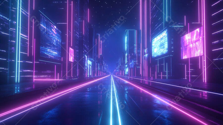 Rua futurista cyberpunk noturna com luzes neon vibrantes azul e rosa